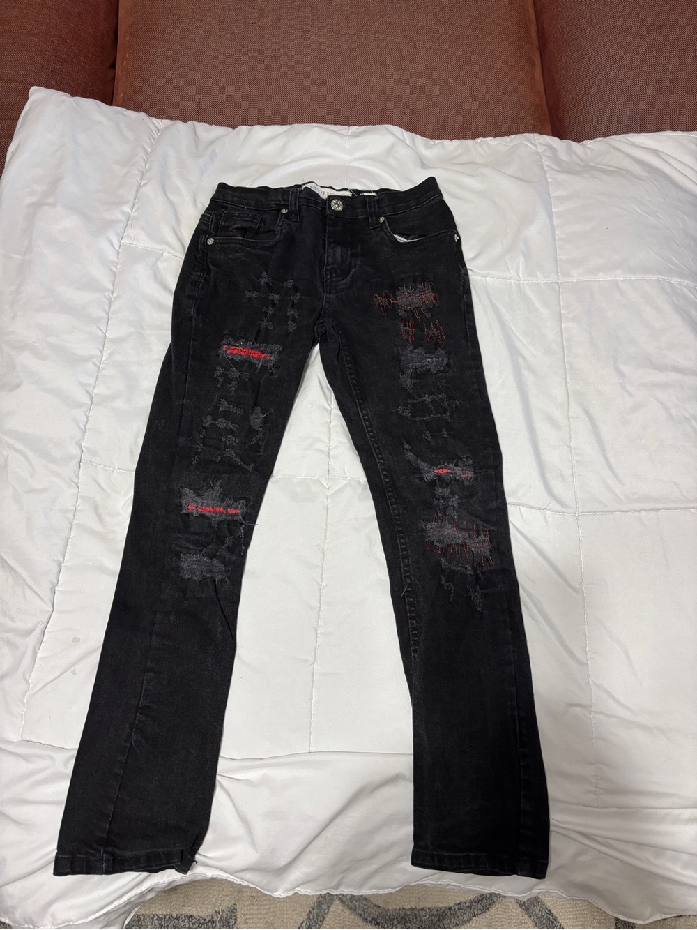 Black Distressed Boys Jeans with Red Stitching